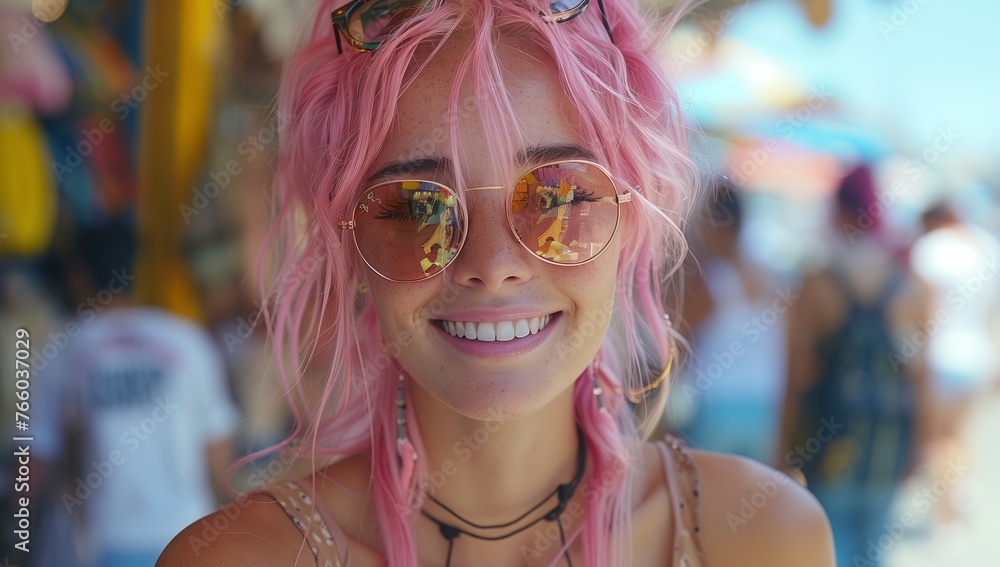 A happy woman with magenta hair and sunglasses is smiling for the camera at an event. Her eyelashes stand out, and she is wearing fun jewellery