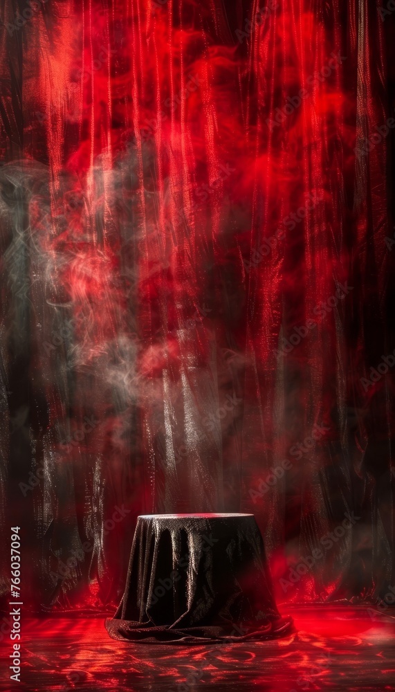 Red podium on stage with product display spotlight in light studio, abstract scene on red background