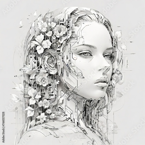 Abstract female face in one line. Woman face with flowers Surreal Line art female floral girl. Minimalism Abstract modern Continuous single line woman face portrait 