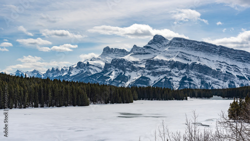 Stunning views from Banff National Park near the ski village during spring time on a bright, sunny beautiful day. 