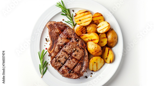 grilled beef steak and potatoes on plate isolated on white background, top view . Generative Ai