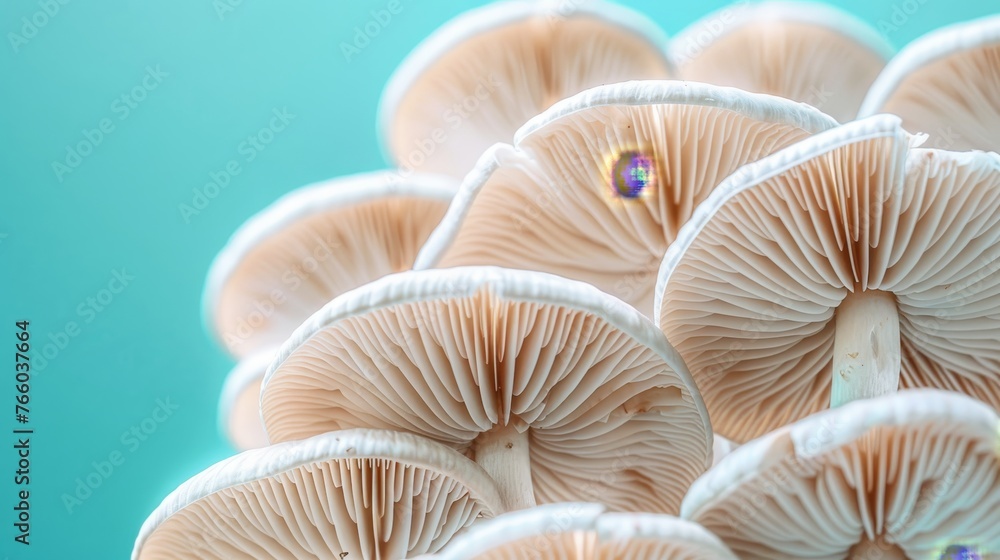 Hypsizygus tessellatus, a mushroom beech, on a serene and delicate soft pastel colored background Hypsizygus tessellatus, a mushroom beech, on a serene and delicate soft pastel colored background