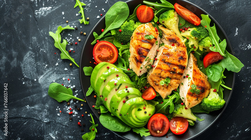 Grilled chicken meat and fresh vegetable salad of tomato, avocado, lettuce and spinach.Generative Ai