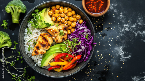 Grilled chicken, rice, spicy chickpeas, avocado, cabbage, pepper buddha bowl on dark. Generative Ai © we3_food