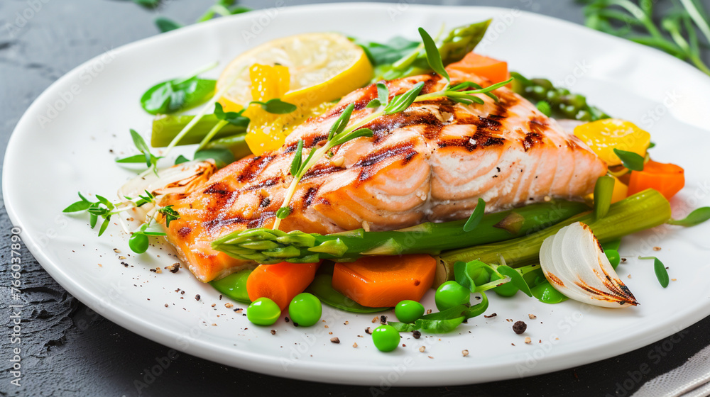 grilled salmon with asparagus, pea, yellow peppers, carrots and spring onions white . Generative Ai grilled salmon with asparagus, pea, yellow peppers, carrots and spring onions white . Generative Ai