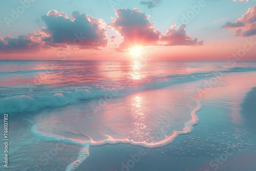 The sun is setting on the horizon, casting a golden glow over the ocean. Waves crash against the sandy beach, creating a mesmerizing natural landscape photo