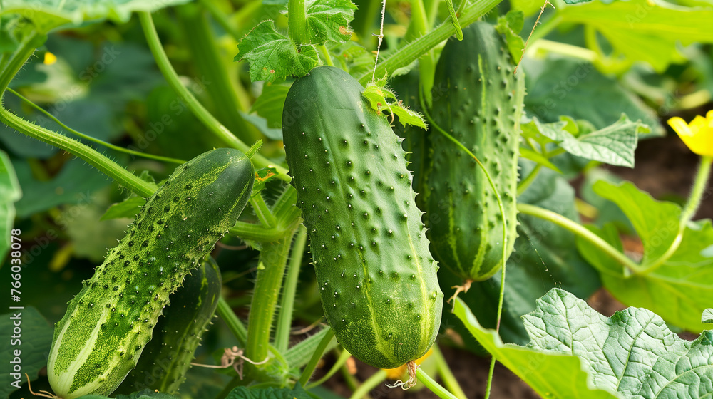 Cucumbers growing in a garden bed in vegetable garden Cucumbers growing in a garden bed in vegetable garden