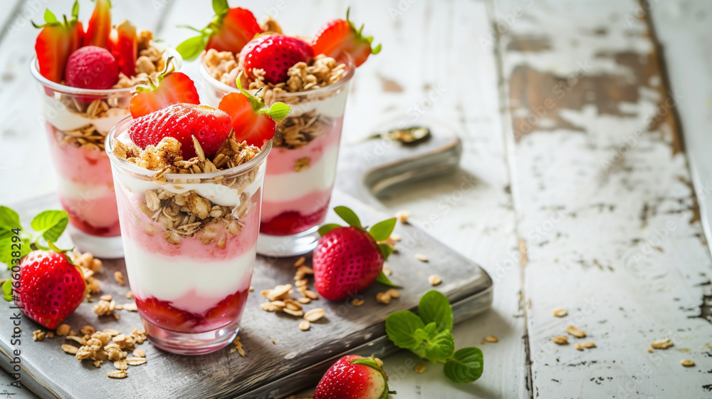 Healthy breakfast of strawberry parfaits made with fresh fruit, yogurt and granola. Generative Ai Healthy breakfast of strawberry parfaits made with fresh fruit, yogurt and granola. Generative Ai