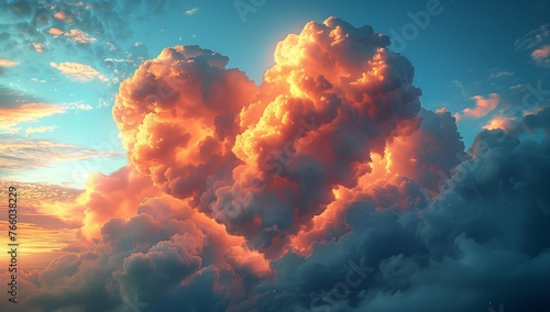 A cumulus cloud in the shape of a heart floats in the orange sky at sunset, creating a beautiful geological phenomenon in the landscape