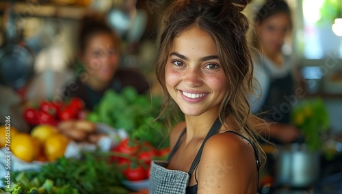A blond woman with a smile on her face is happily standing in front of a table full of natural foods and vegetables. She is having fun arranging flowers for the event