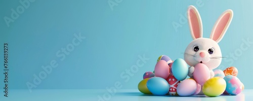Easter Celebration Banner with Cartoon Bunny and Colorful Eggs. Generative AI. 