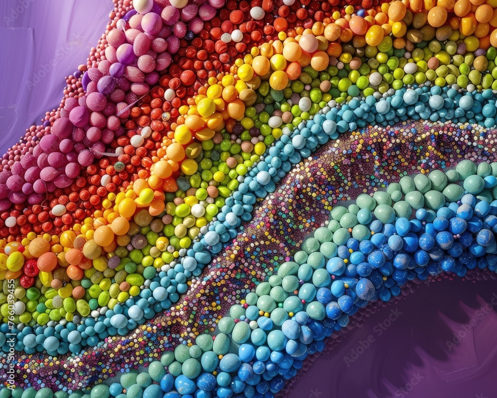 An abstract arrangement of candy in a rainbow of colors forming a wave pattern An abstract arrangement of candy in a rainbow of colors forming a wave pattern