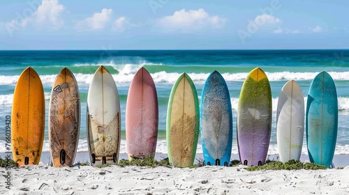 Colorful surfboards lined up on sunny beach, inviting surfers to catch the waves.
