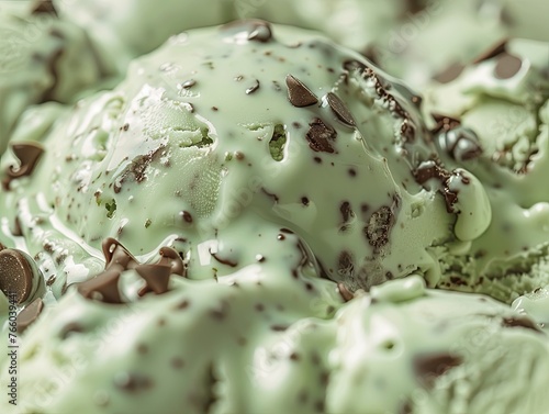A close-up of a melting scoop of mint chocolate chip ice cream emphasizing the contrast in textures