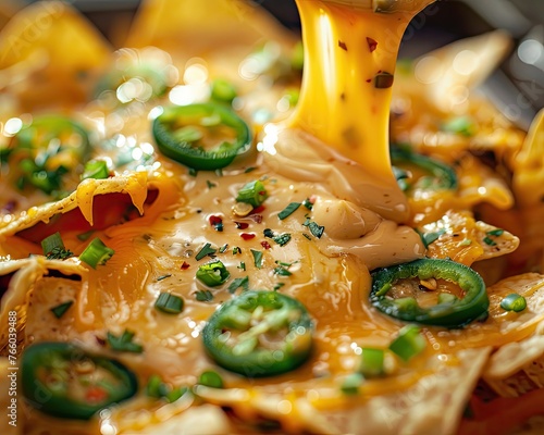 A dramatic close-up of nachos covered in cheese sauce and jalapenos with one nacho being dipped