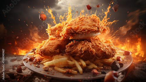 Fast food concept. Fried chicken and french fries flying out of oven generativa IA
