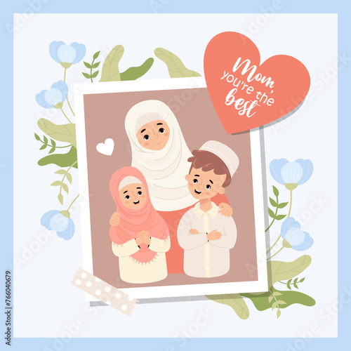 Cute holiday islamic family. Photo from happy Muslim woman mother with her children son and daughter with flowers. Mother's confession and congratulations. Vector illustration 