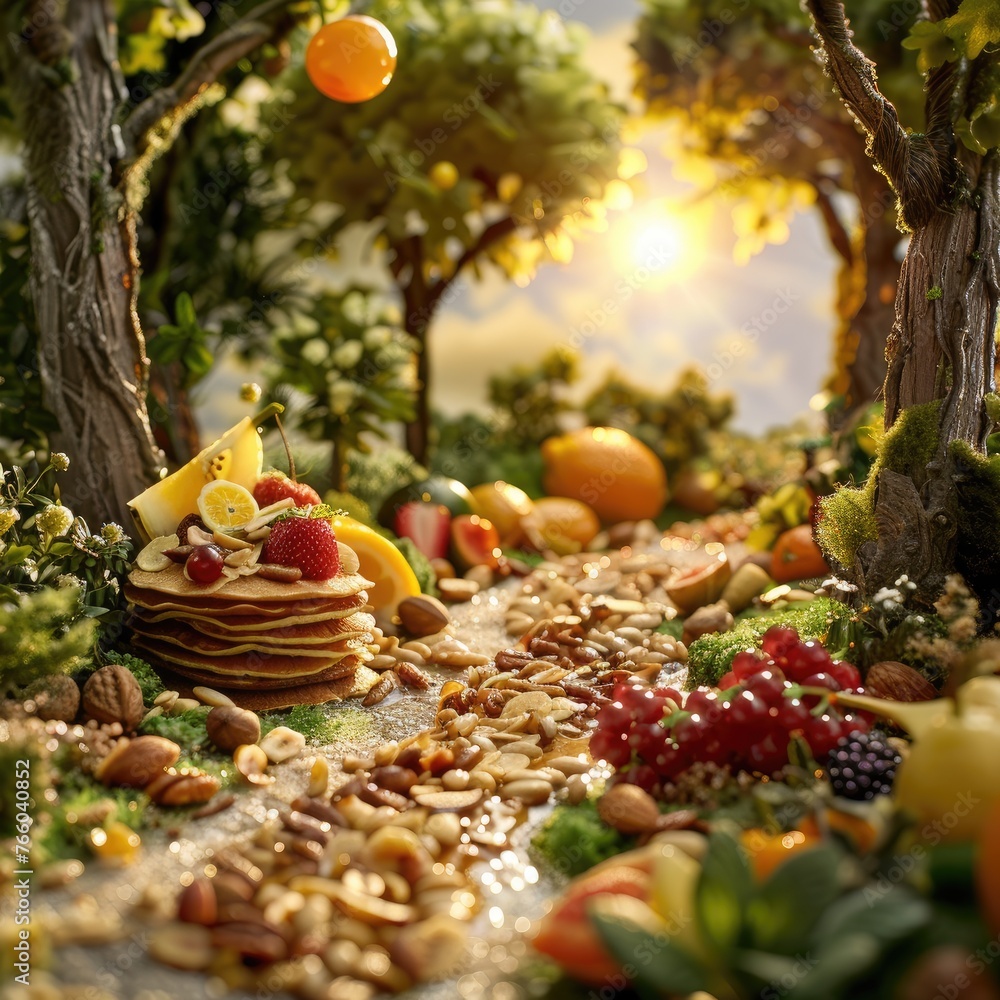 A breakfast scene made from pancakes fruits A breakfast scene made from pancakes fruits