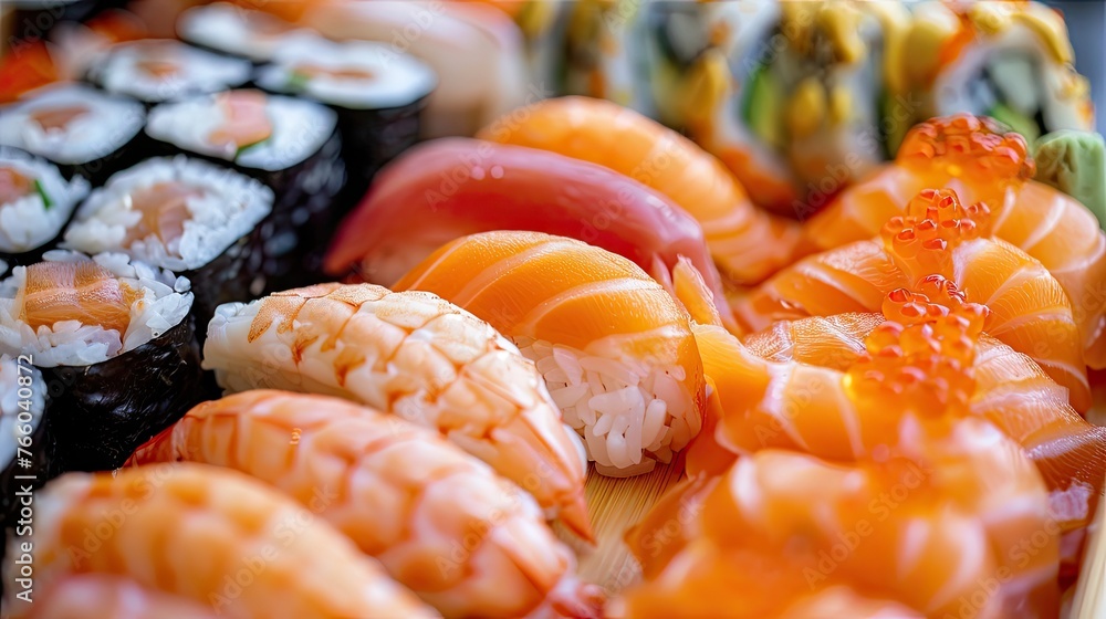 A close-up of salmon sushi and sashimi artfully arranged on a minimalist Japanese dishware A close-up of salmon sushi and sashimi artfully arranged on a minimalist Japanese dishware