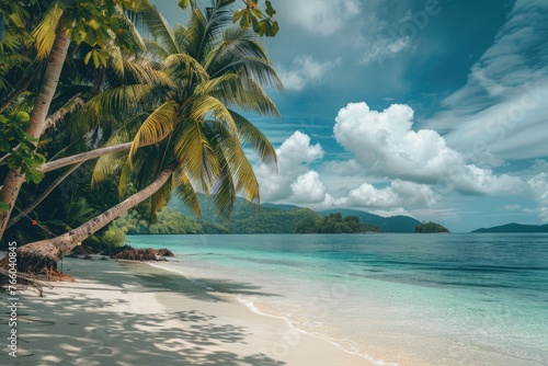 A tropical paradise with palm trees white sand beaches and turquoise waters © AI Farm