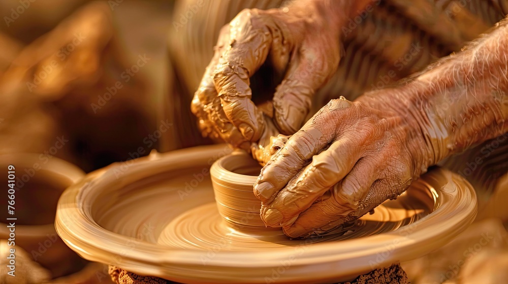 A sculptors hands shaping clay on a wheel capturing the moment of creation and the beauty of craftsmanship