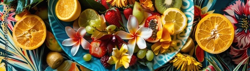 A whimsical arrangement of tropical fruits and flowers creating an edible landscape on a vibrant plate