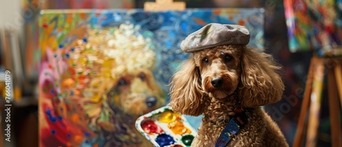 A poodle in artists gear with a beret and palette © AI Farm