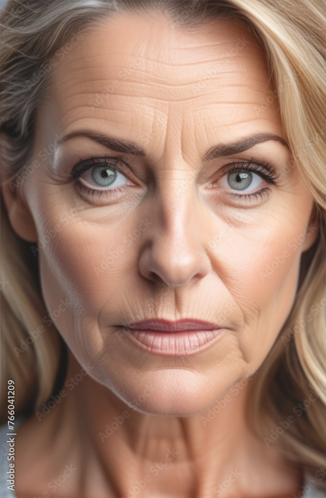 Close-up portrait of a mature woman aged 50+ years. Serious look, health problems.