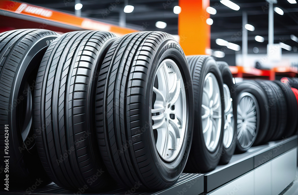 Car tires and rims stand in a row on a display in an auto store. Replacement of wheels and disks Car tires and rims stand in a row on a display in an auto store. Replacement of wheels and disks