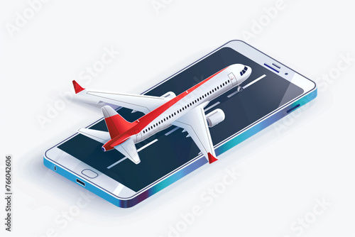 An AI generative image of isometric aeroplane waiting take off from smartphone on white background.