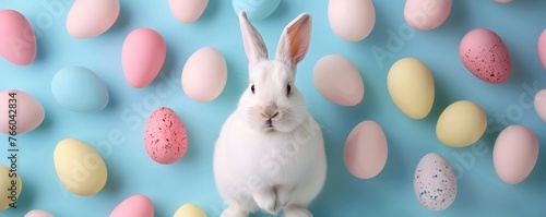 Real Bunny with Colorful Easter Eggs Banner Generative AI.
