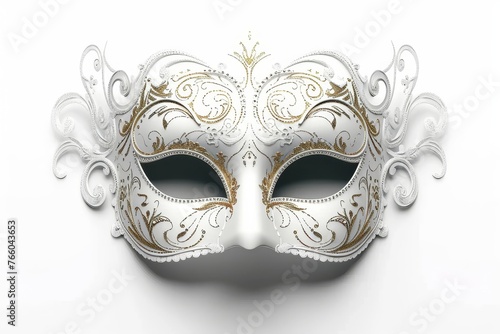 Carnival venetian white mask on white background. Illustration AI, Generative AI © Story Sculptor