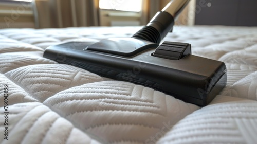 Deep cleaning bed mattress with vacuum cleaner photo