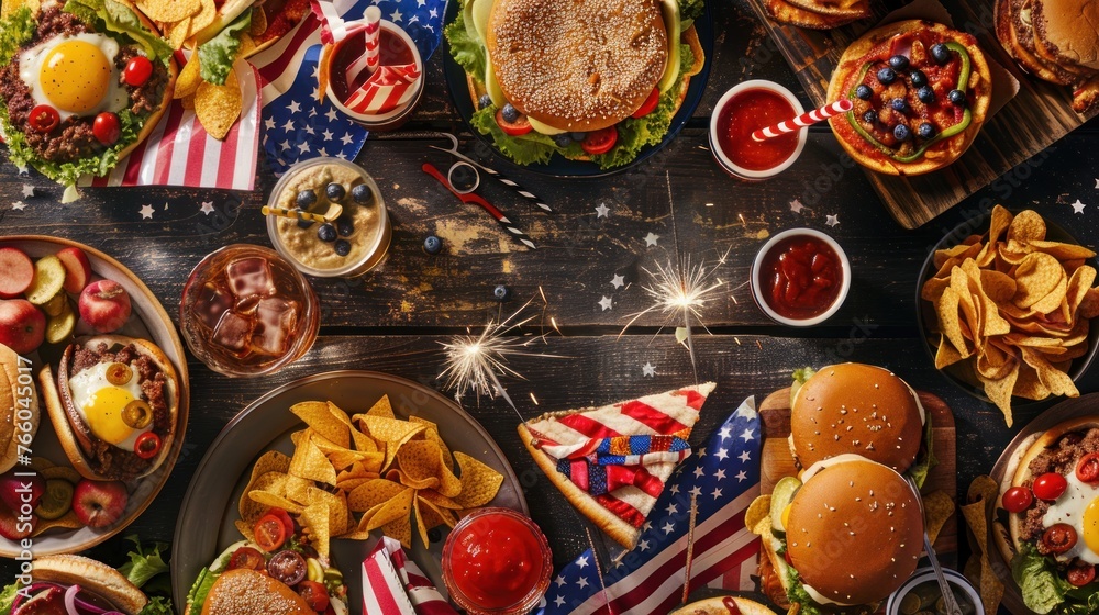 A 4th of July BBQ celebration, complete with American flag decorations, fireworks, and a spread 