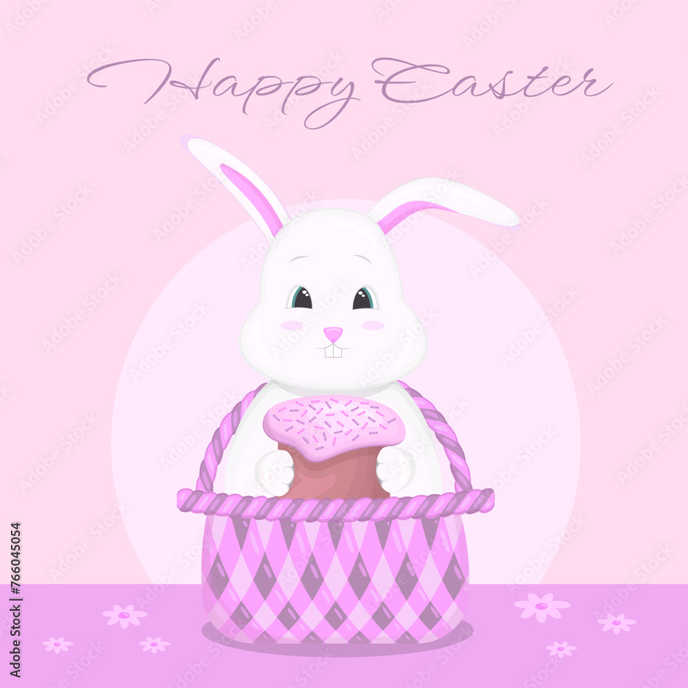 A rabbit sits in a basket and holds an Easter cake. Happy Easter. Vector illustration A rabbit sits in a basket and holds an Easter cake. Happy Easter. Vector illustration