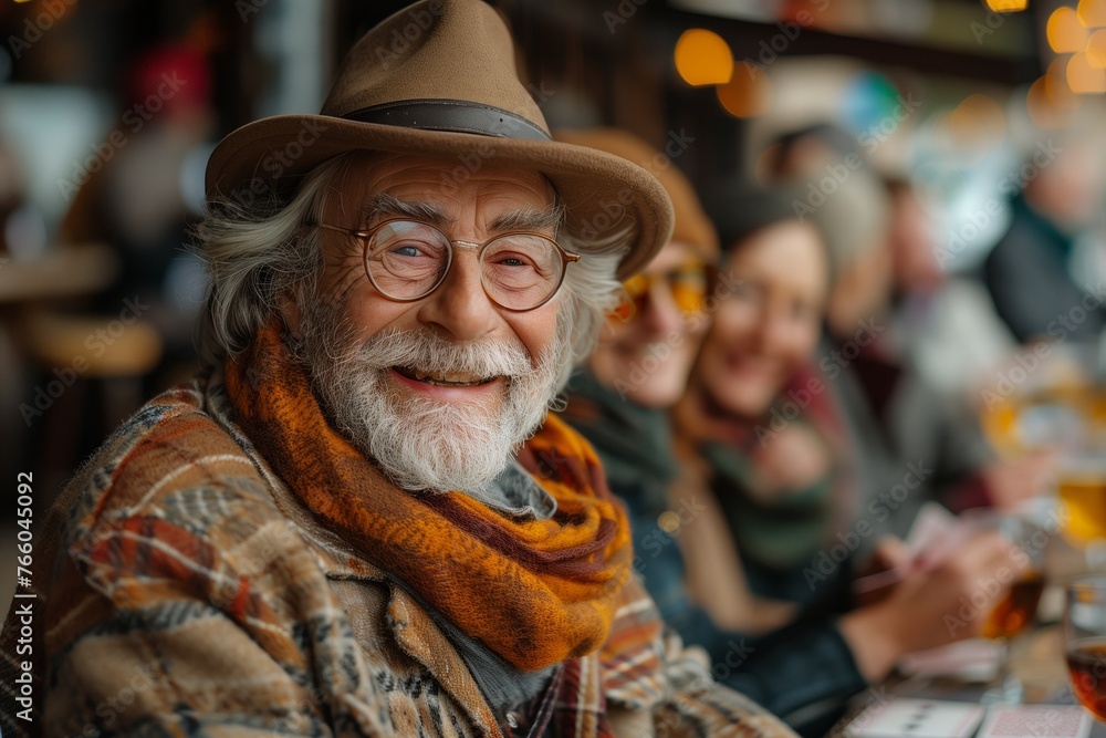 A senior gentleman in a stylish sun hat and scarf is smiling happily at a table in a crowded restaurant. His wrinkles show a life filled with fun, travel, and art events