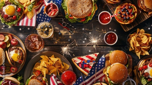 A 4th of July BBQ celebration, complete with American flag decorations, fireworks, and a spread 