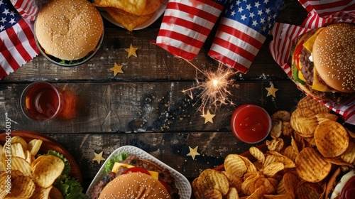 A 4th of July BBQ celebration, complete with American flag decorations, fireworks, and a spread