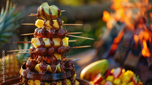A beach bonfire party where guests indulge in tropical fruit skewers dipped in a chocolate fountain. 