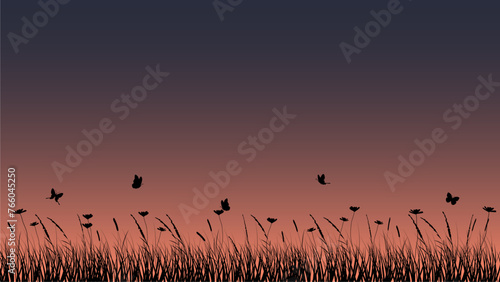 Flowers and grass border, vector illustration, early spring flowers　春の草むらと花とちょうちょのイラスト