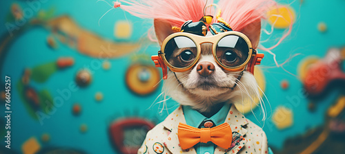 portrait of adorable dog with pink wig and glasses, wearing suit and bowtie, colorful background