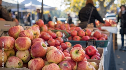 A bustling city farmer's market, where a vendor sells a variety of apples, from tart Granny Smiths to sweet 