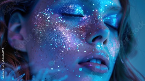 A celestial-inspired beauty shoot with models sporting shimmering, starry makeup, including constellation-like patterns across their