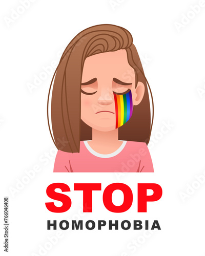 Beautiful sad girl crying rainbow tears. Stop homophobia. International Day against Homophobia, Transphobia and Biphobia.