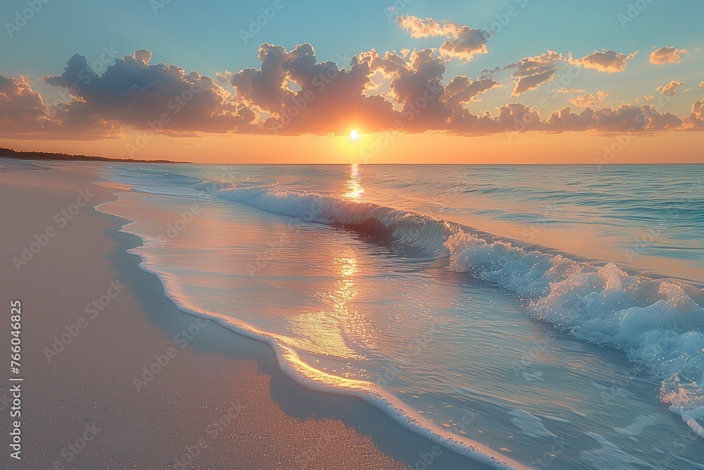 As the sun sets over the ocean, the waves crash onto the beach creating a beautiful natural landscape with the water blending into the sky at dusk