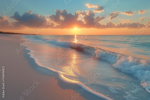 As the sun sets over the ocean, the waves crash onto the beach creating a beautiful natural landscape with the water blending into the sky at dusk