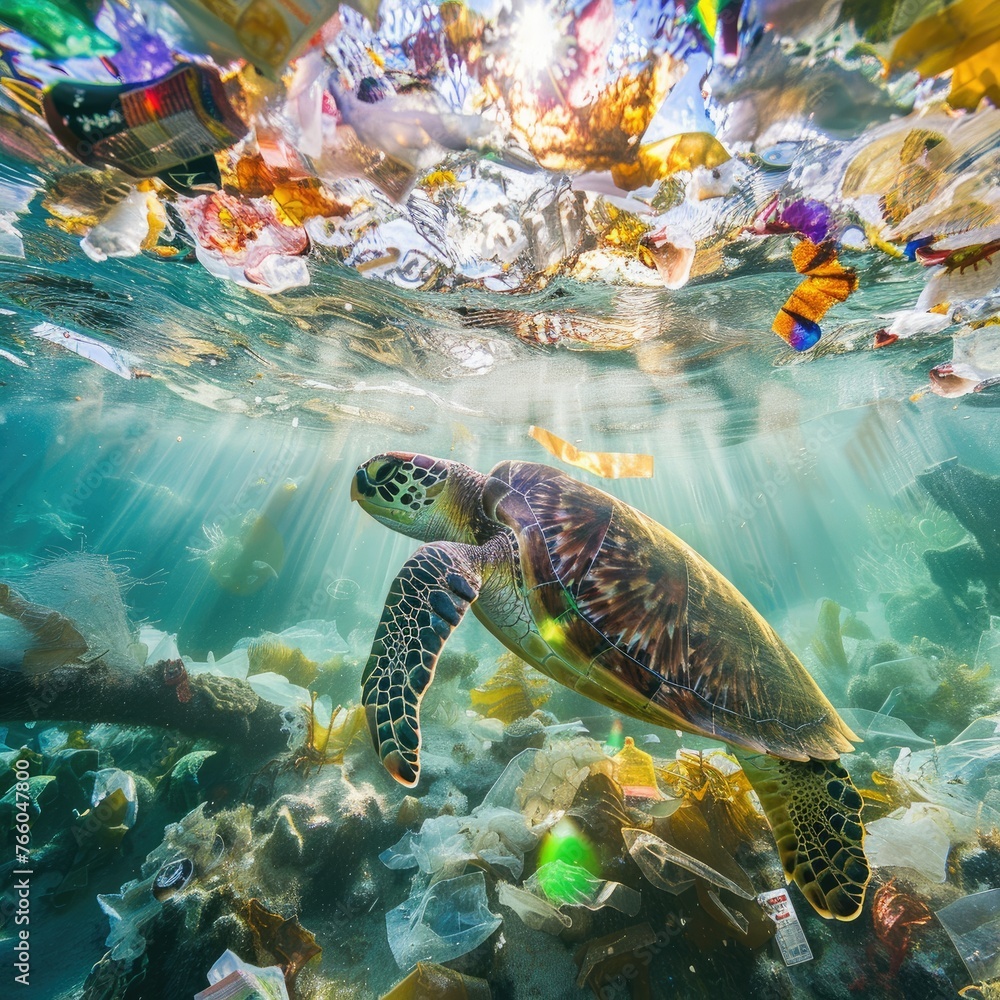 Sea turtle swimming in polluted ocean - A sea turtle navigates through ...