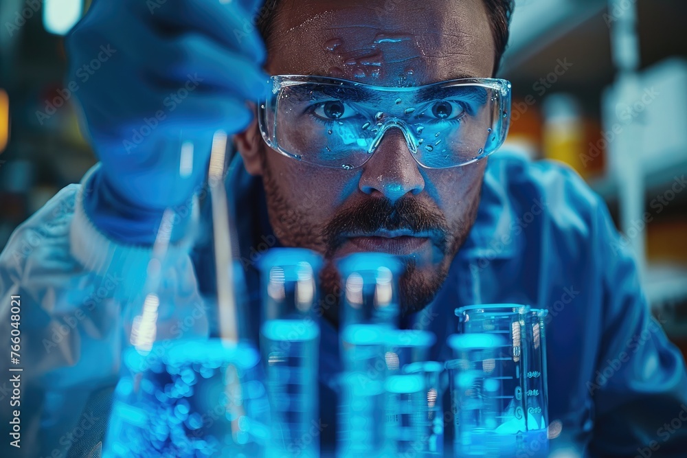Scientist examining blue samples in lab - An intense male scientist closely inspects blue liquid samples amid glowing test tubes in a research lab Scientist examining blue samples in lab - An intense male scientist closely inspects blue liquid samples amid glowing test tubes in a research lab