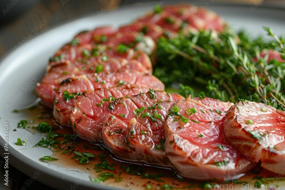 Raw steak with herbs on a plate - Fresh, red raw steak seasoned with green herbs, ready for cooking, representing raw culinary potential Raw steak with herbs on a plate - Fresh, red raw steak seasoned with green herbs, ready for cooking, representing raw culinary potential