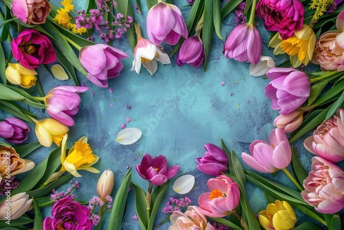 Spring tulip wreath on textured blue backdrop - Circular arrangement of various tulips against a blue textured surface, creating a springlike wreath